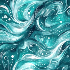 Aufkleber - Vibrant watercolor doodle art featuring swirling patterns and luminous bubbles in a sea of teal and white tones