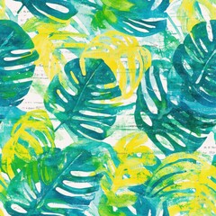 Leinwandbilder - Vibrant doodle drawing showcasing playful watercolor tropical leaves in green and yellow hues
