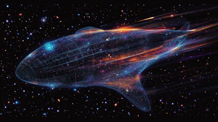 Poster - Mystical visualization of a spaceship soaring through a vibrant cosmic landscape with trails of light and stars