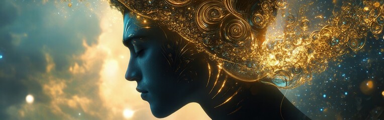 Poster - Mystical profile of a man surrounded by golden light and cosmic elements in an ethereal setting