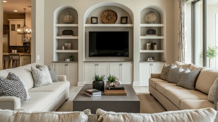 Aufkleber - Modern living room featuring built-in arched shelves and cozy sofas with stylish decorations for comfortable gatherings