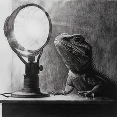 Poster - Lizard basking under a heat lamp while absorbing warmth and light in a cozy indoor environment