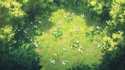 Poster - High-altitude view of a serene forest clearing with wildflowers under sunlight