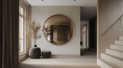 Aufkleber - Hallway featuring a large circular mirror framed by minimal decor and natural elements in a modern setting