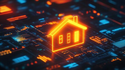 Aufkleber - Glowing home icon integrated with financial technology elements highlights modern real estate trends and digital advancements