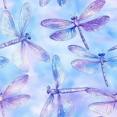 Aufkleber - Delicate doodle cartoon drawings of watercolor dragonflies flying in a serene blue sky