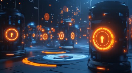 Poster - Futuristic representation of encrypted financial systems with advanced technology and secure data storage