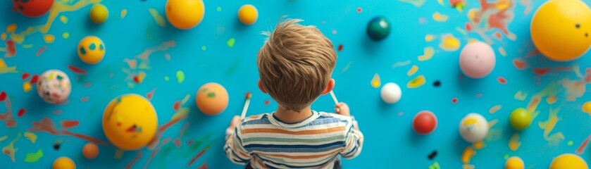 A young child explores colorful balls and playful designs while observing a vibrant wall.