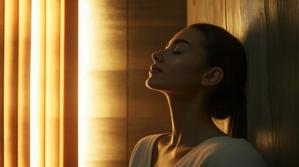 Poster - A peaceful woman takes a pause, leaning her head against a wall. Soft, warm light envelops her, creating a tranquil atmosphere as she embraces a moment of calm in the evening