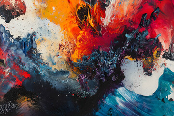 Poster - A close-up of an artist's palette, covered in various splashes and smudges of paint in bright colors like reds