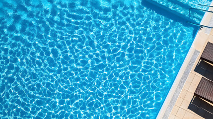 Poster - Calm and inviting blue swimming pool surrounded by modern luxurious lounge chairs creating a serene and tranquil oasis for relaxation rejuvenation and leisure