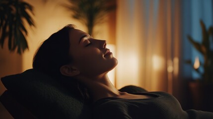 Aufkleber - In a serene and softly illuminated room, a woman reclines peacefully on a cushion. The gentle light and greenery create a calming atmosphere as she takes time to unwind and reflect