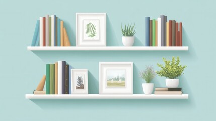 Aufkleber - Cozy living room design featuring white floating shelves with plants and framed artwork