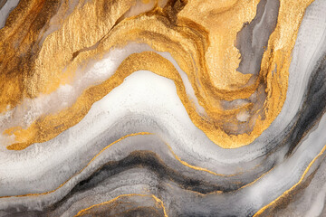 Poster - Abstract art painting in alcohol ink technique with gray, white, and gold color scheme