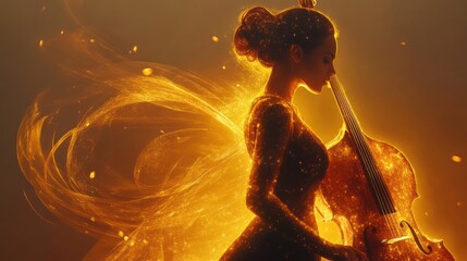 Poster - Woman glowing and playing cello amidst a magical ambiance with ethereal light effects in a mystical setting
