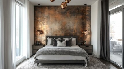 Aufkleber - Contemporary bedroom showcasing a stylish metallic accent wall with modern furnishings