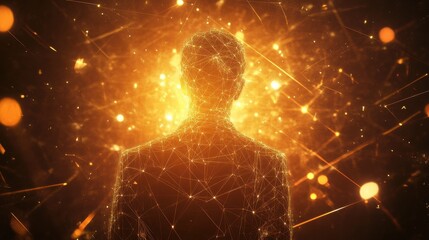 Poster - Conceptual portrayal of a glowing man surrounded by abstract light patterns at night