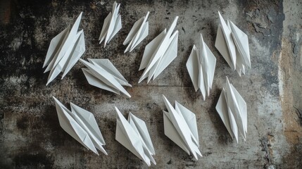 Fototapete - Group of paper planes flying in one direction with one individual diverging for innovative thinking. Generative AI
