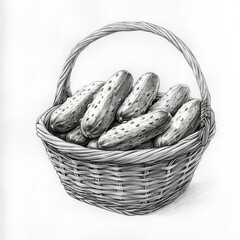 Poster - Sketch of a basket filled with fresh cucumbers on display in a local market at midday