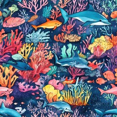 Poster - Colorful underwater coral reef filled with diverse marine life in a vibrant doodle style