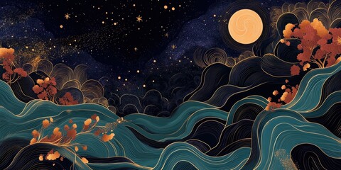 Wall Mural - Artistic illustration depicting a starry night over rolling hills