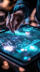 Poster - Hand Using Stylus on Futuristic Tablet Screen
