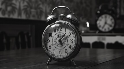 Wall Mural - a black and white close up of an antique alarm clock sitting on a wooden table with a blurred backgr