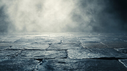 Moody stone floor with fog. Texture of stone surface ideal for horror or mystery scenes with smoke and mist creating an atmospheric scene.