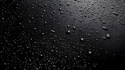 Leinwandbilder - Close up detailed view of dark wet water droplets on a reflective shiny black surface  Minimalist abstract natural texture background with gloomy moody atmosphere