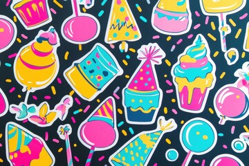 Poster - Festive collection of colorful stickers featuring balloons, cakes, and party decorations for celebrations. Generative AI