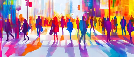 Poster - Colorful Silhouetted Crowd of People Walking in a Busy Vibrant City Streetscape  Blurred motion of pedestrians commuting