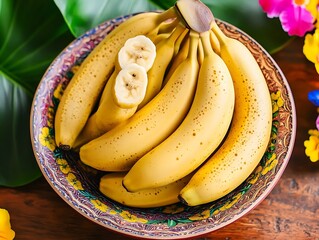 Wall Mural - Freshly harvested bananas in a decorative bowl surrounded by vibrant tropical flowers and leaves