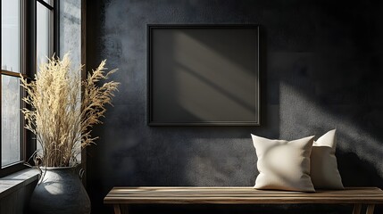 Aufkleber - Cozy and Inviting Minimalist Living Room with Wooden Bench Potted Plant Vase and Framed Wall Art Under Natural Sunlight from Large Window