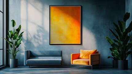 Aufkleber - Cozy and inviting minimalist living room interior featuring a comfortable sofa vibrant abstract art painting and lush green plants against a warm sunlit backdrop