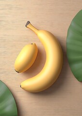 Wall Mural - Two ripe bananas resting on a wooden surface surrounded by green leaves, creating a fresh ambiance