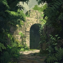 Wall Mural - An old stone archway sits deep within a lush jungle