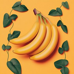 Wall Mural - Vibrant arrangement of bananas surrounded by green leaves on a bright orange background