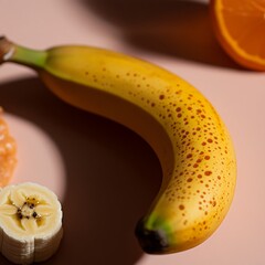 Wall Mural - Vibrant banana surrounded by citrus fruits on a soft pink surface, showcasing freshness and nutrition