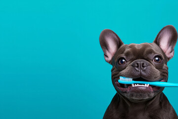 Wall Mural - A dark gray French Bulldog winking mischievously at the camera, a bright blue toothbrush gripped