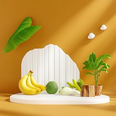 Wall Mural - Vibrant display of fresh fruits and vegetables on a minimalist pedestal against a warm backdrop