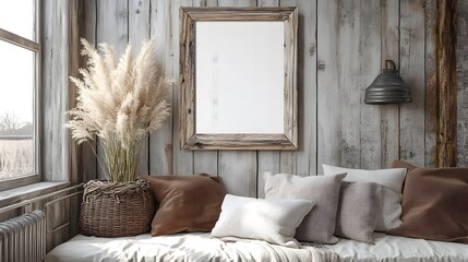 Aufkleber - Cozy and inviting rustic winter interior design with pampas grass wooden frame and natural lighting  Minimal and scandinavian style living room or home decor with comfortable furniture and warm
