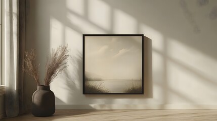 Poster - Cozy and minimalist interior design with natural textures warm lighting and a serene mood  The image showcases a framed landscape artwork a vase with dried flowers