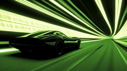 Wall Mural - Futuristic car speeding through a neon-lit tunnel, showcasing motion and technology in a vibrant scene