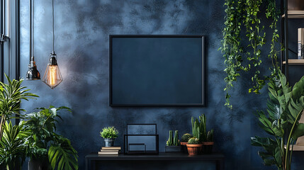 Aufkleber - Cozy and Minimalist Living Room with Potted Plants and Vintage Lighting Fixtures  This image showcases a stylish and inviting interior design with a contemporary industrial inspired aesthetic