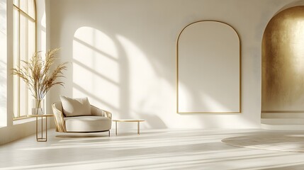 Aufkleber - Cozy and Minimalist Living Room with Warm Sunlight Streaming Through the Window Elegant Furniture and a Serene Calming Atmosphere  The Sleek