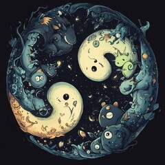 Poster - Stylized yin and yang symbol comprised of whimsical creatures