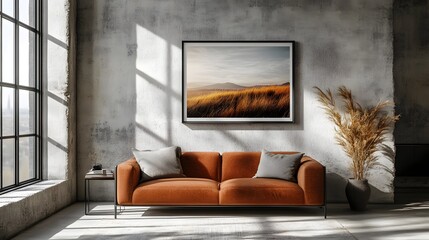 Poster - Cozy and minimalist modern interior design with an oversized rust colored sofa and a large framed landscape art piece showcasing a scenic countryside vista with a golden autumn field and dramatic sky