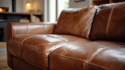 Poster - Luxurious brown leather recliner showcases its rich texture and inviting warmth, perfectly placed in a stylish living area adorned with soft natural light and contemporary decor