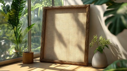 Aufkleber - Cozy and serene indoor scene featuring a potted houseplant placed on a wooden surface with natural light streaming through a large window frame