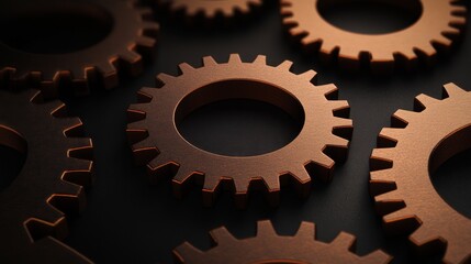 Poster - Close-up view of interlocking copper gear on a dark surface, showcasing industrial design elements